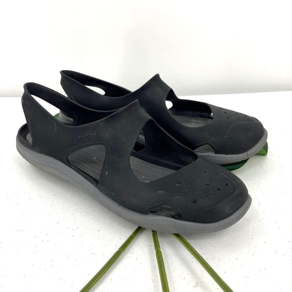 Crocs Black Gray Lightweight Swiftwater Wave Boat Beach Mary Jane Sandal Shoes